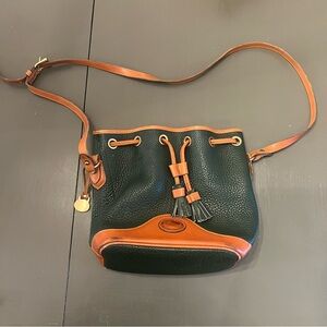 Dooney & Bourke Leather Drawstring Crossbody Bag - Dark Green and Tan